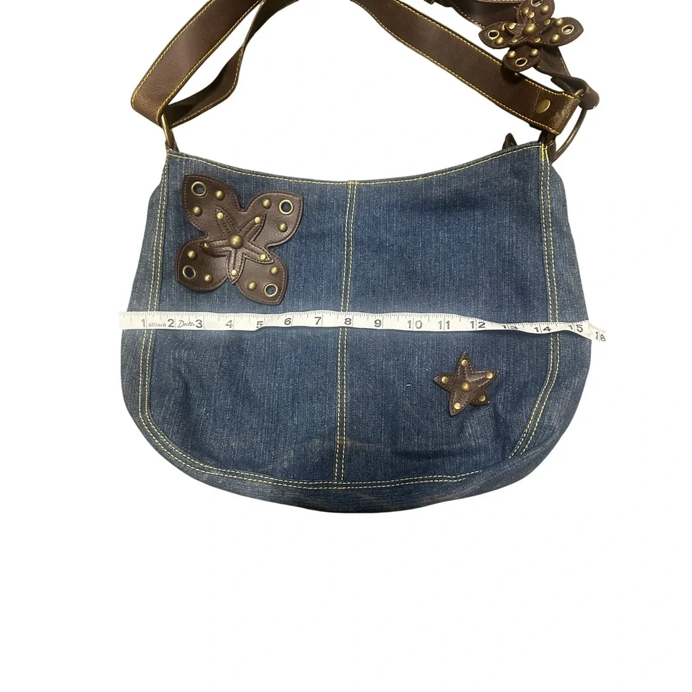 Vintage Y2K Denim Butterfly Studded Hobo Shoulder Bag Blue Brown Applique